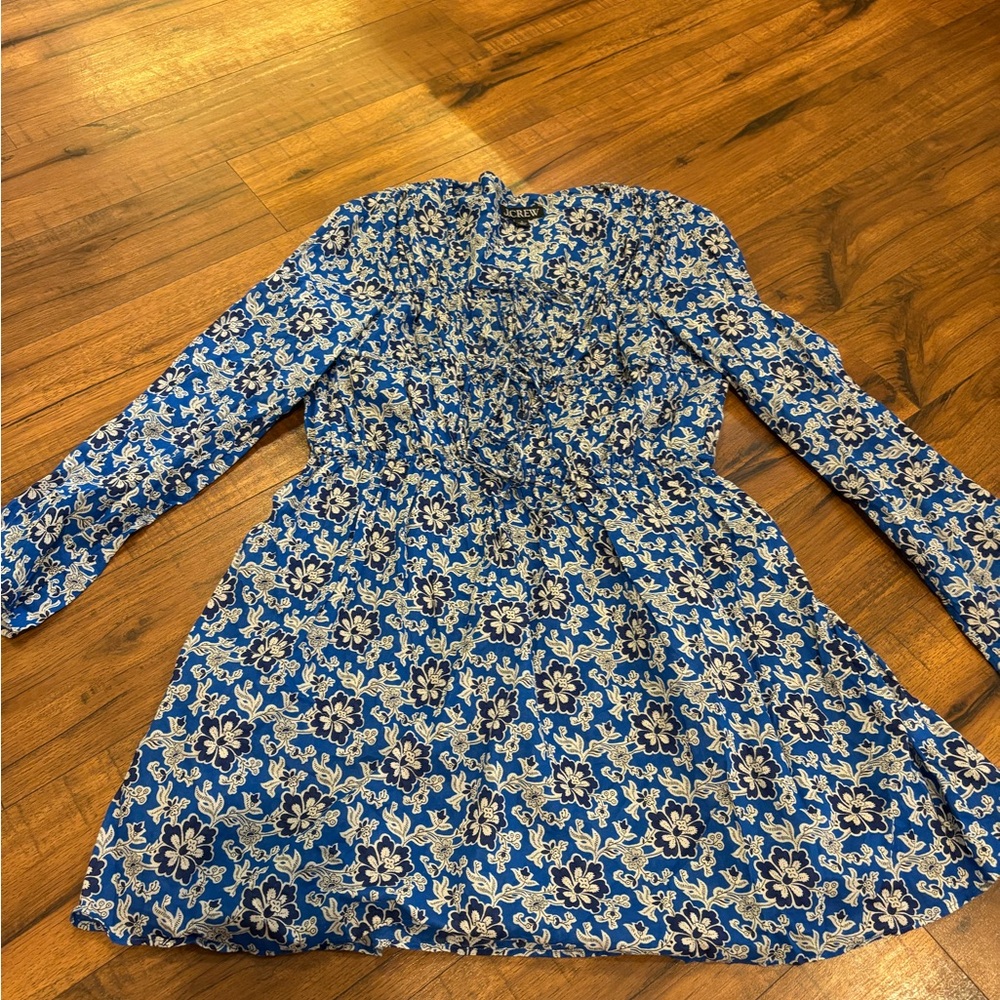 J Crew Tie Front Beach Dress Floral Cobalt Blue Small Long Sleeve Short